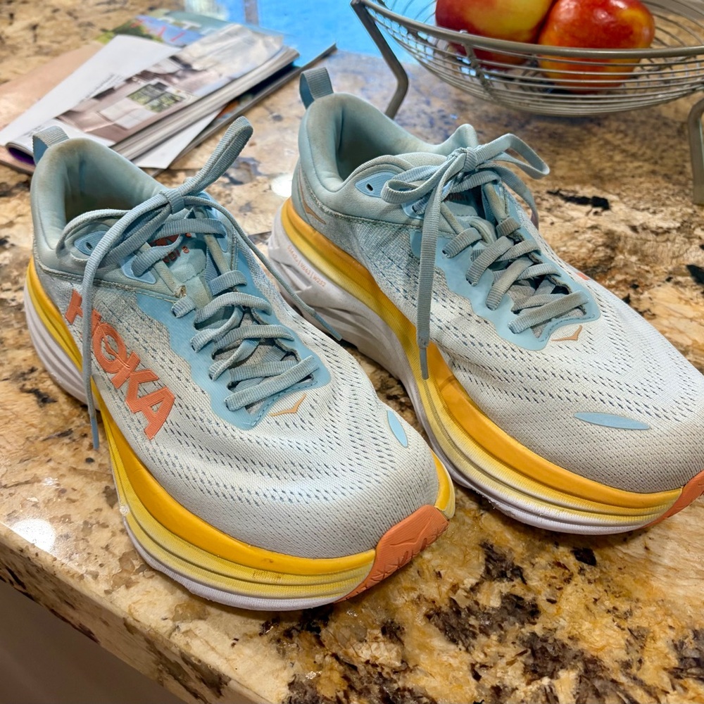 Hoka Bondi 8 size 8.5 WIDE-Light Gray with Yellow Midsole and Coral Accents - Picture 4 of 9